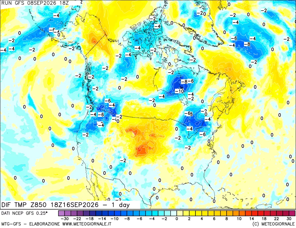 mappa Dif. Temp a 850 hPa Valid - 1 day