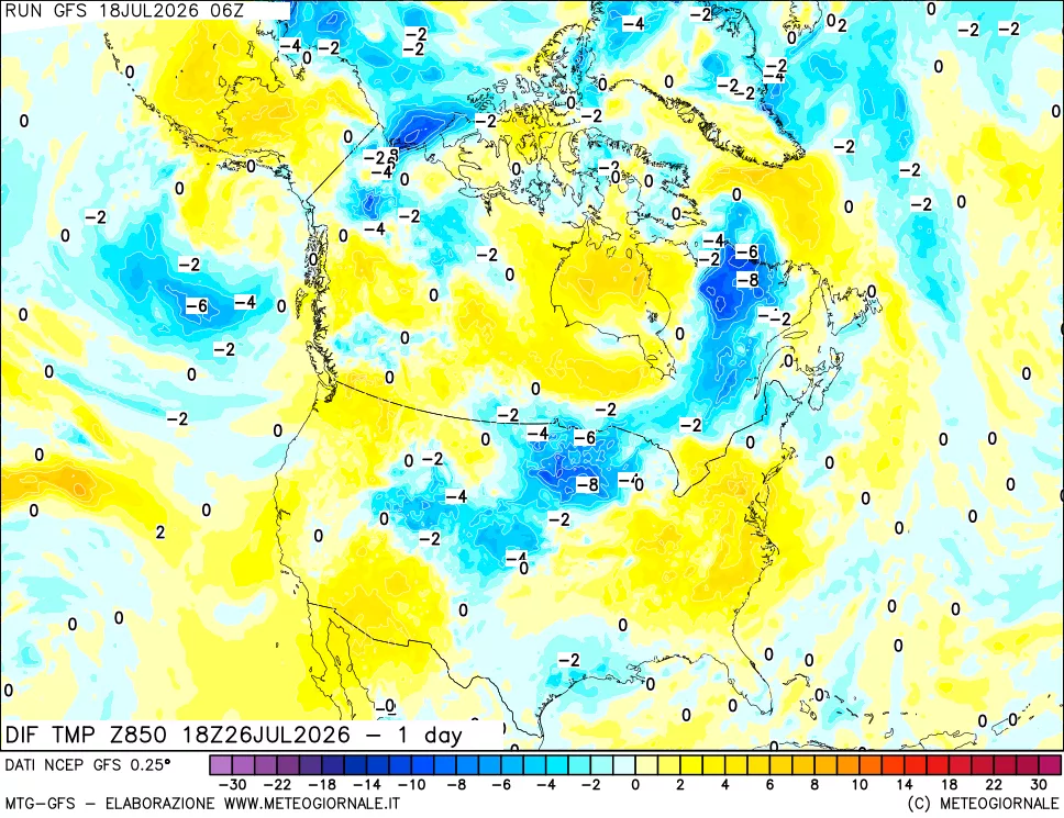 mappa Dif. Temp a 850 hPa Valid - 1 day
