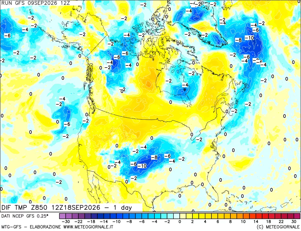 mappa Dif. Temp a 850 hPa Valid - 1 day