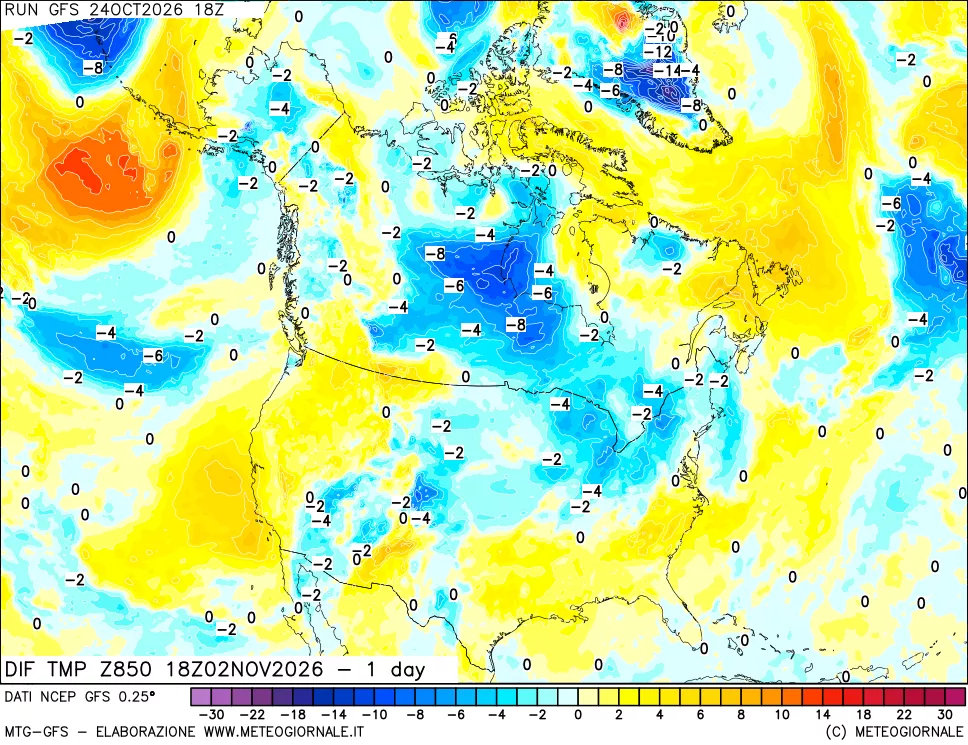 mappa Dif. Temp a 850 hPa Valid - 1 day
