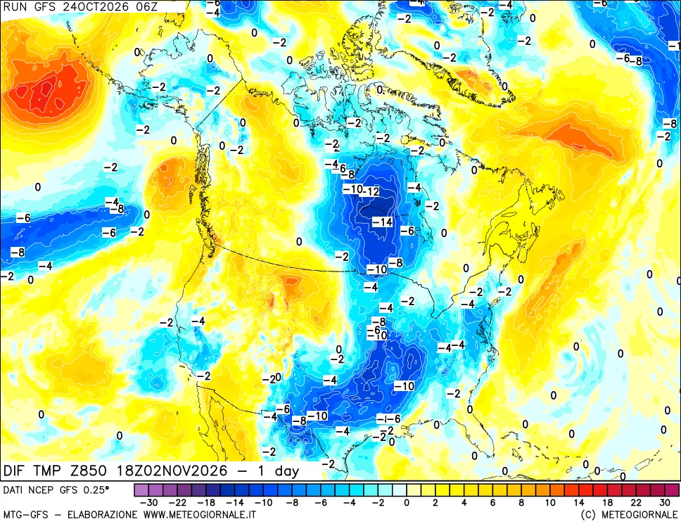 mappa Dif. Temp a 850 hPa Valid - 1 day
