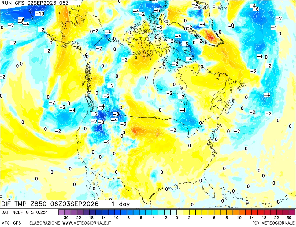 mappa Dif. Temp a 850 hPa Valid - 1 day