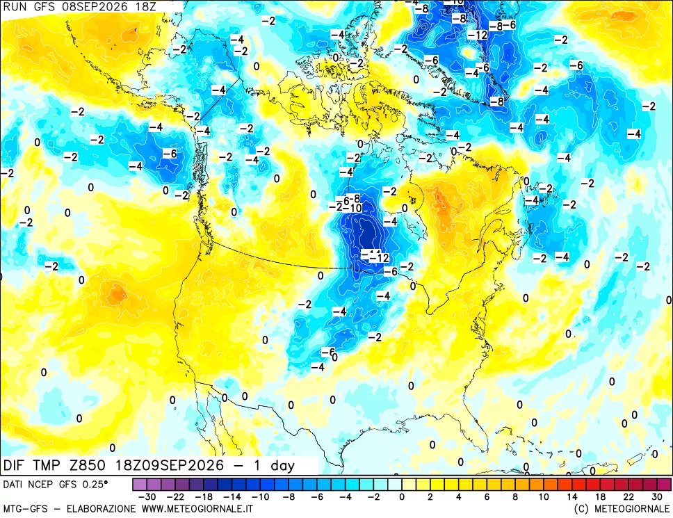 mappa 850 hPA Dif. Temp -24 ore
