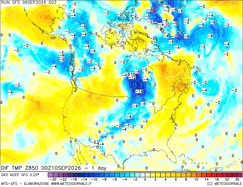 mappa 850 hPA Dif. Temp -24 ore