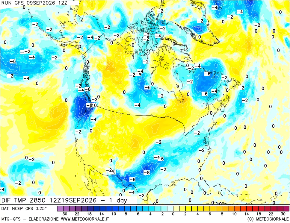 mappa Dif. Temp a 850 hPa Valid - 1 day