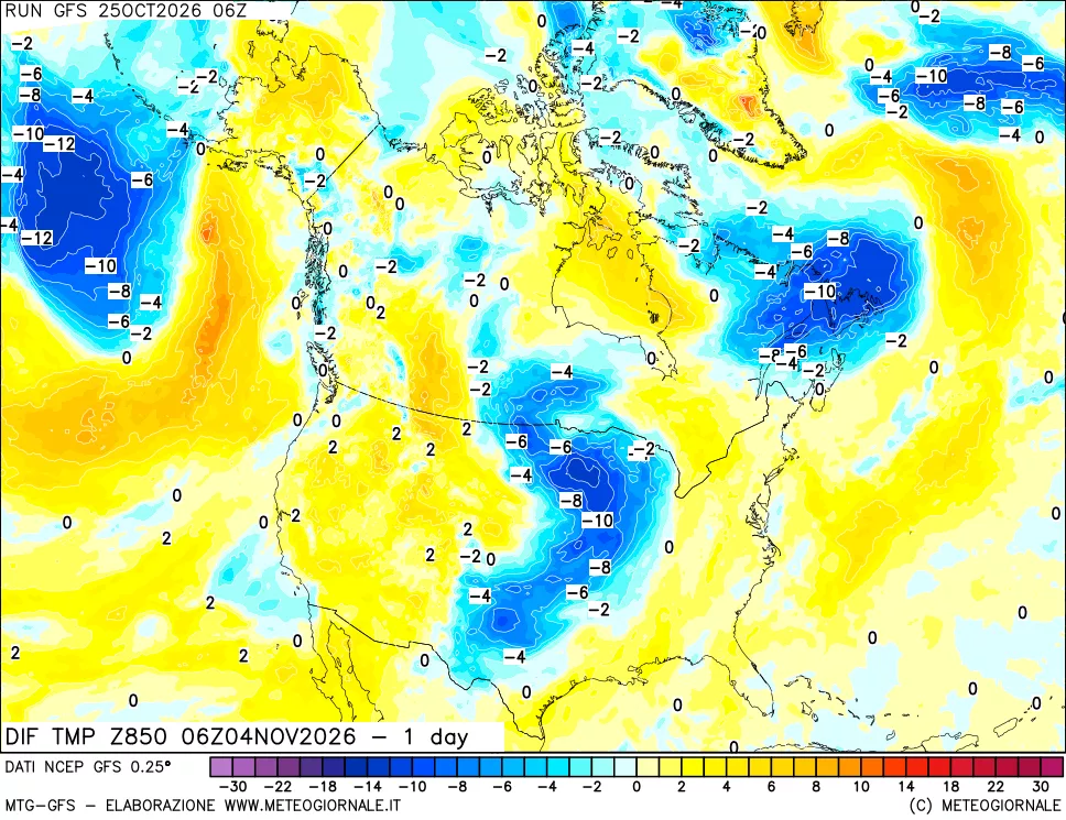 mappa Dif. Temp a 850 hPa Valid - 1 day