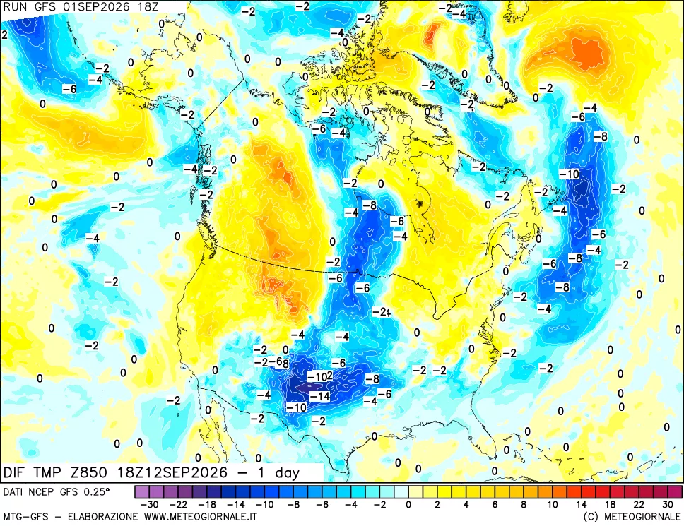 mappa Dif. Temp a 850 hPa Valid - 1 day