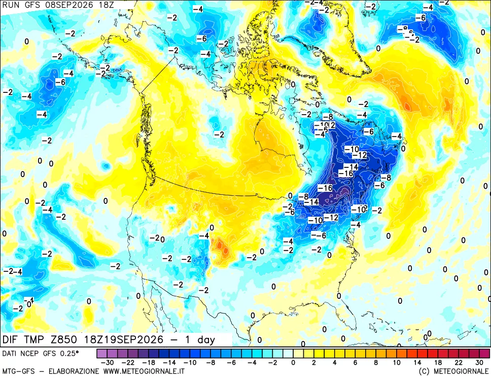 mappa Dif. Temp a 850 hPa Valid - 1 day