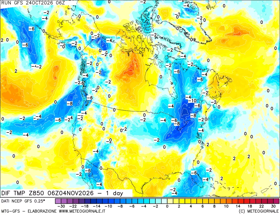 mappa Dif. Temp a 850 hPa Valid - 1 day