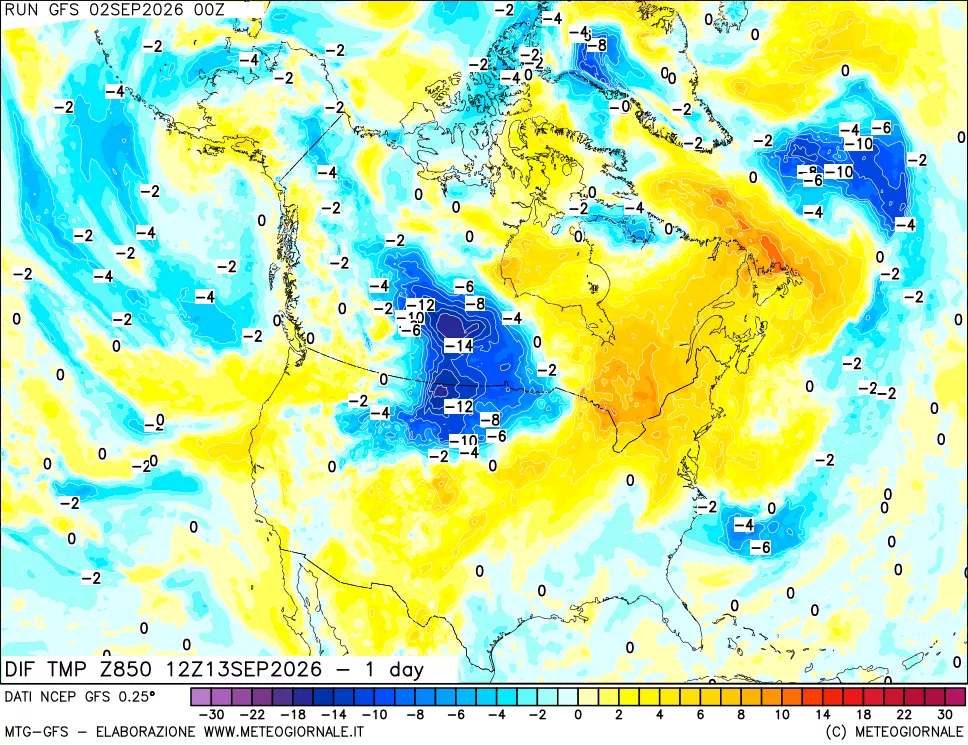mappa Dif. Temp a 850 hPa Valid - 1 day