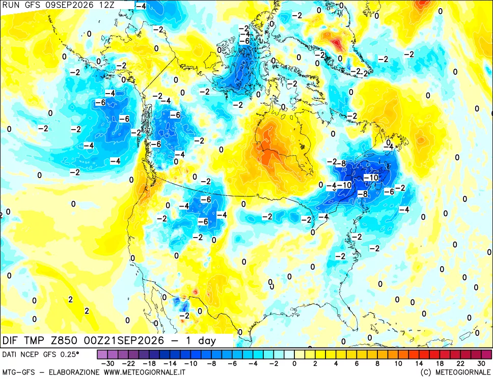 mappa Dif. Temp a 850 hPa Valid - 1 day