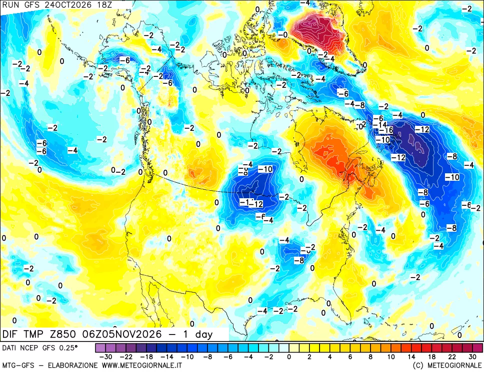 mappa Dif. Temp a 850 hPa Valid - 1 day