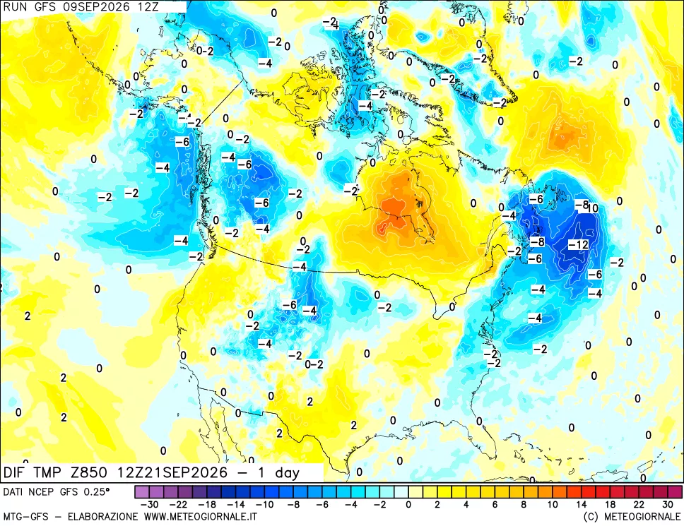 mappa Dif. Temp a 850 hPa Valid - 1 day