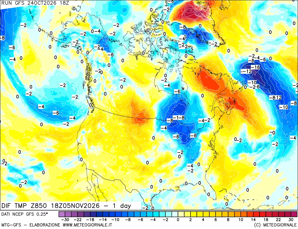 mappa Dif. Temp a 850 hPa Valid - 1 day