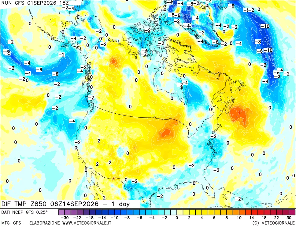 mappa Dif. Temp a 850 hPa Valid - 1 day
