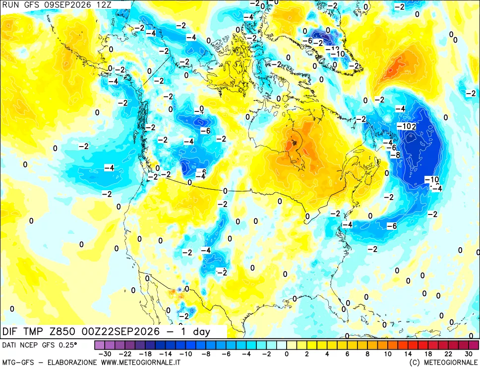 mappa Dif. Temp a 850 hPa Valid - 1 day
