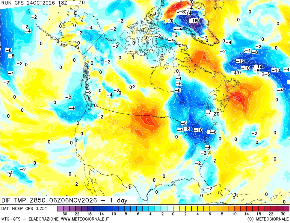 mappa Dif. Temp a 850 hPa Valid - 1 day