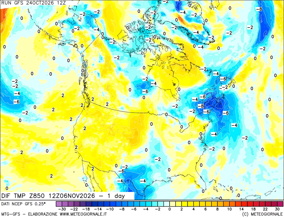 mappa Dif. Temp a 850 hPa Valid - 1 day