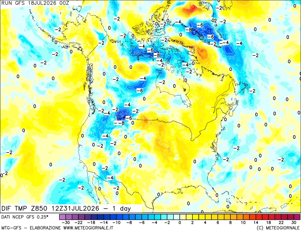 mappa Dif. Temp a 850 hPa Valid - 1 day
