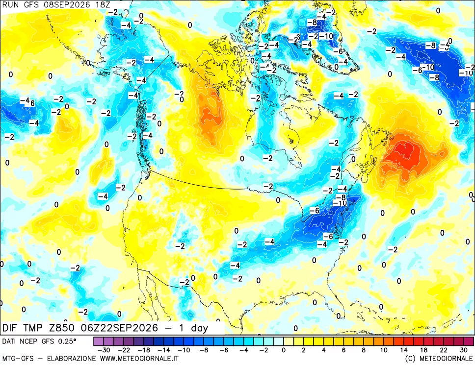 mappa Dif. Temp a 850 hPa Valid - 1 day