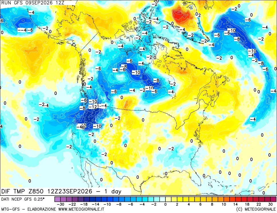 mappa Dif. Temp a 850 hPa Valid - 1 day