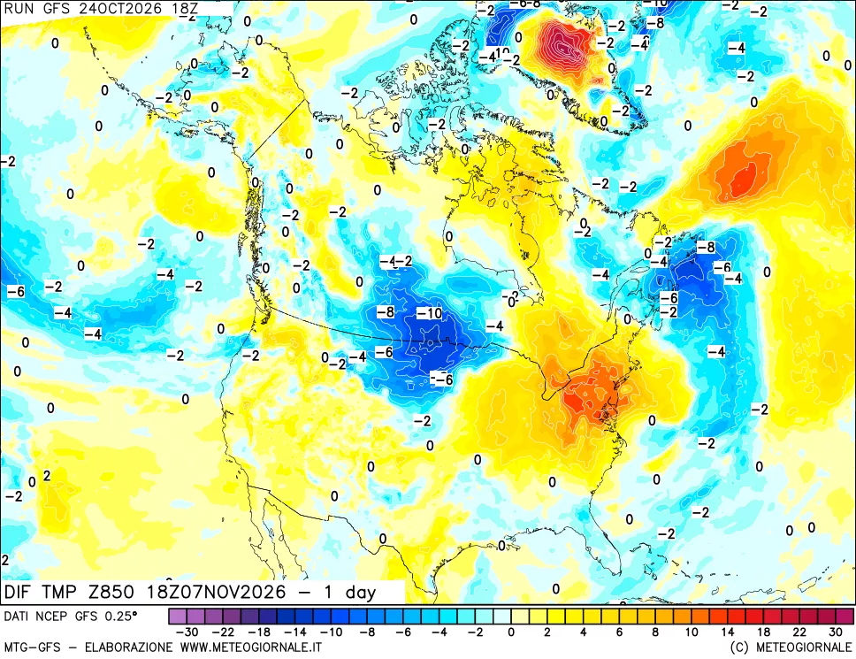 mappa Dif. Temp a 850 hPa Valid - 1 day