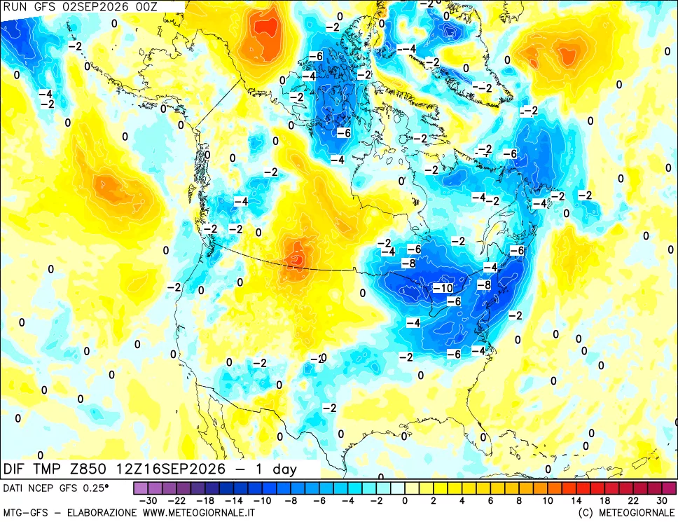 mappa Dif. Temp a 850 hPa Valid - 1 day