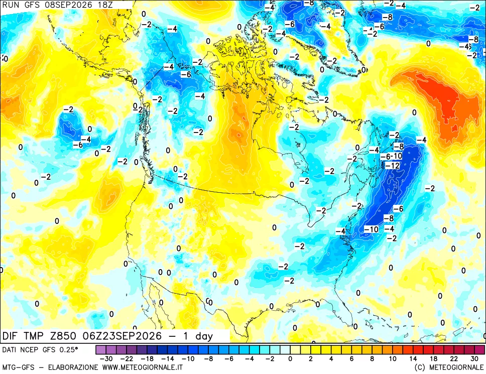mappa Dif. Temp a 850 hPa Valid - 1 day