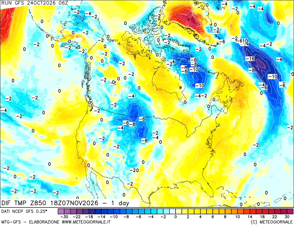 mappa Dif. Temp a 850 hPa Valid - 1 day
