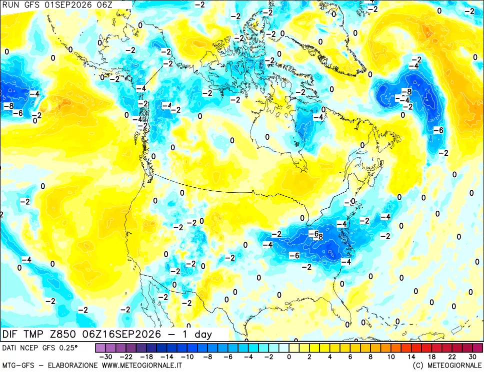 mappa Dif. Temp a 850 hPa Valid - 1 day