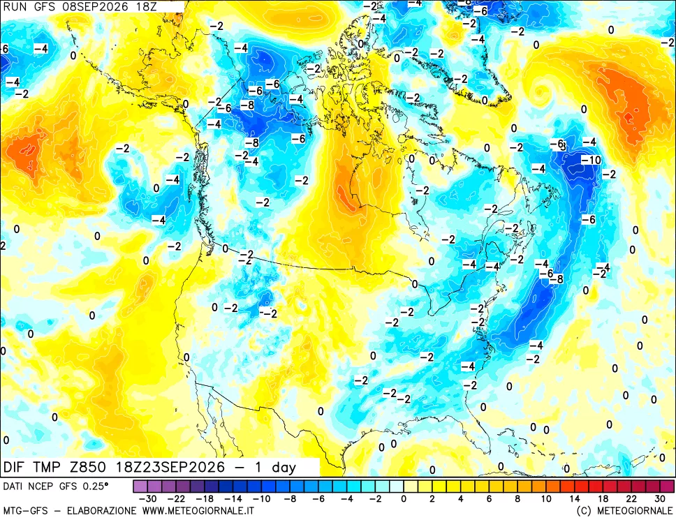 mappa Dif. Temp a 850 hPa Valid - 1 day