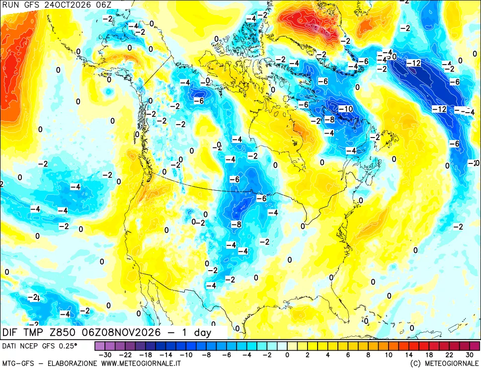 mappa Dif. Temp a 850 hPa Valid - 1 day
