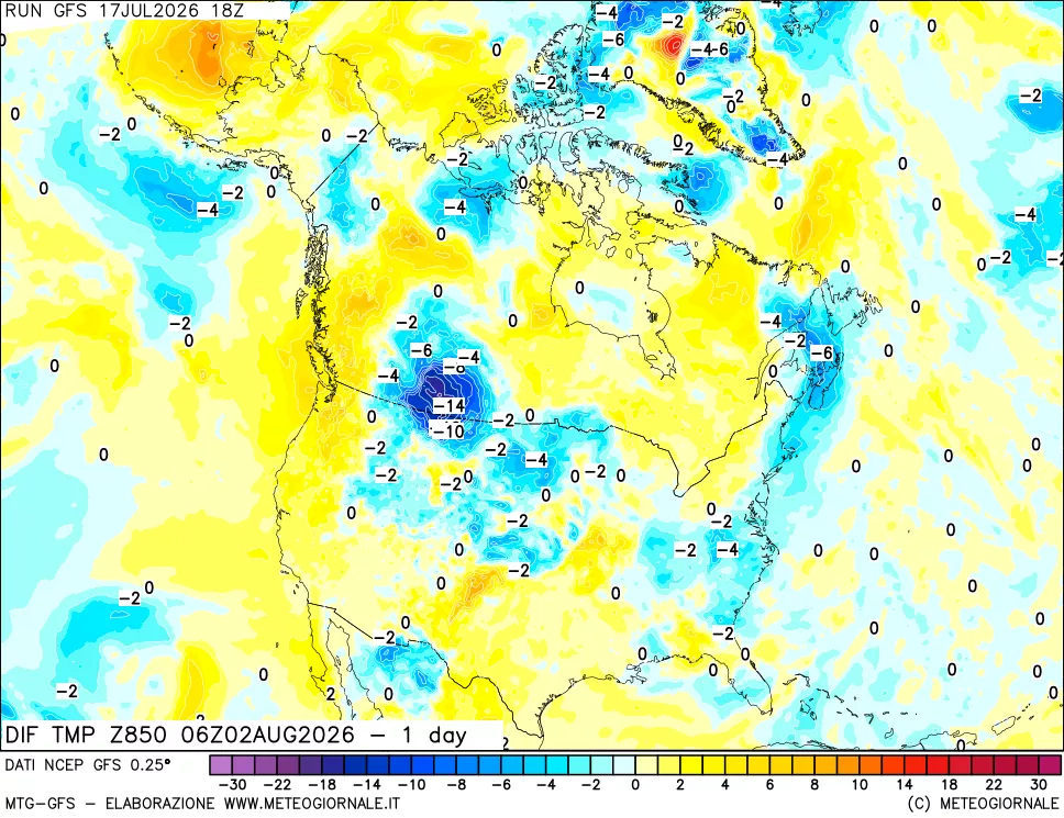 mappa Dif. Temp a 850 hPa Valid - 1 day