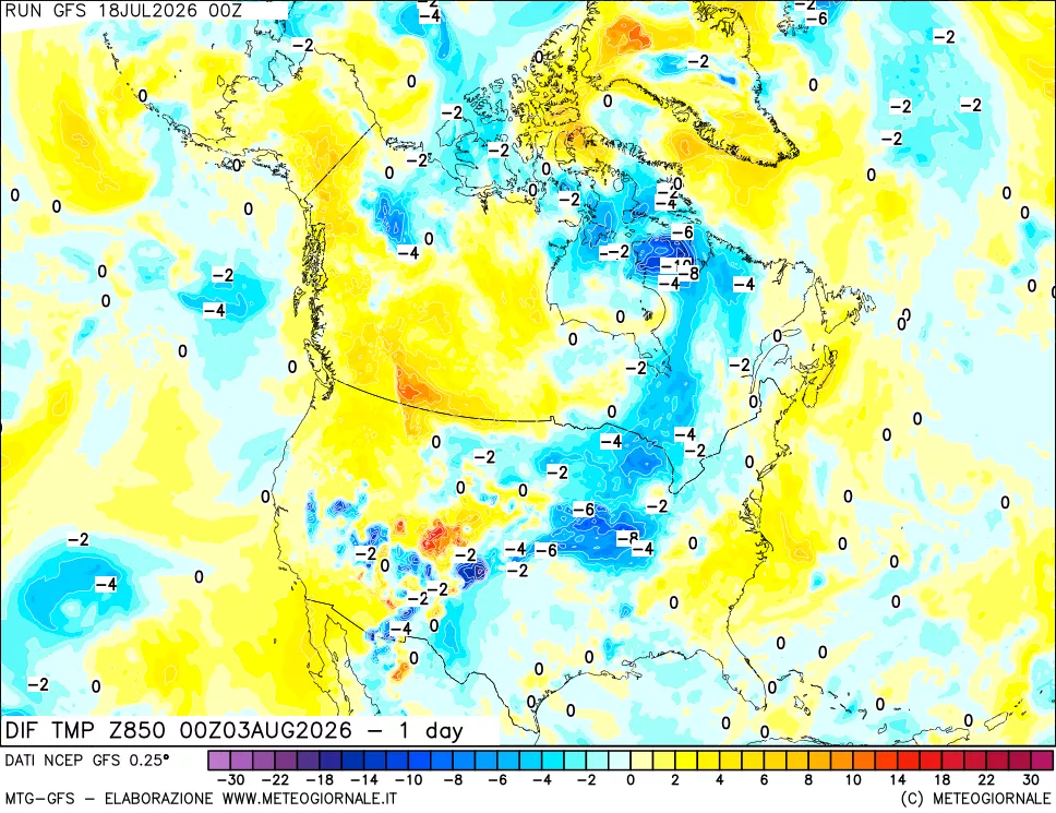 mappa Dif. Temp a 850 hPa Valid - 1 day