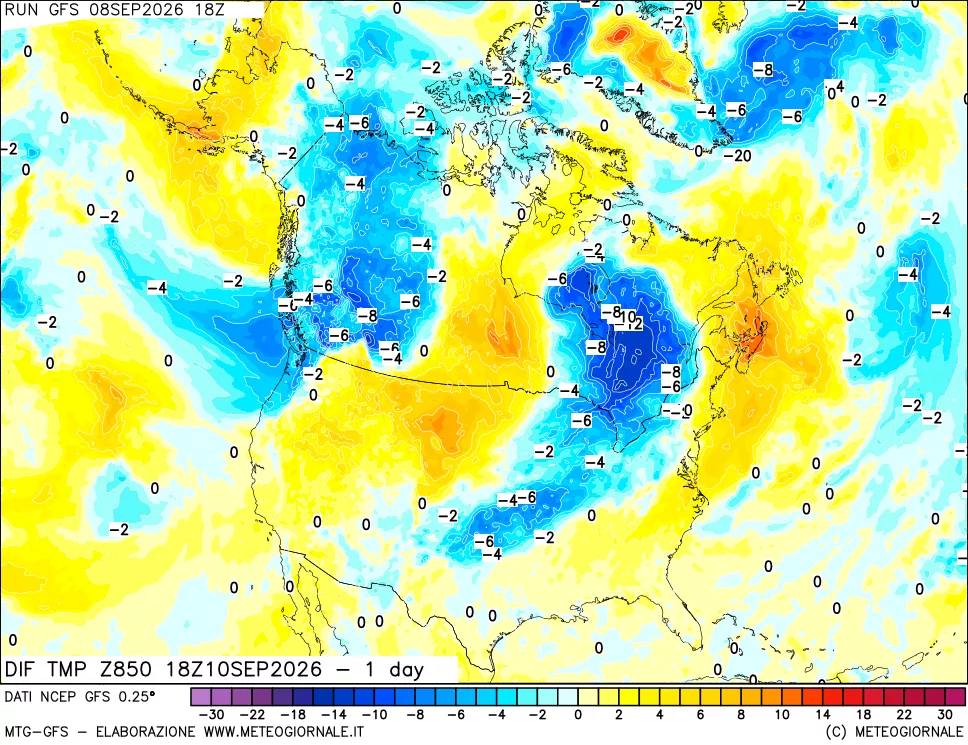mappa Dif. Temp a 850 hPa Valid - 1 day