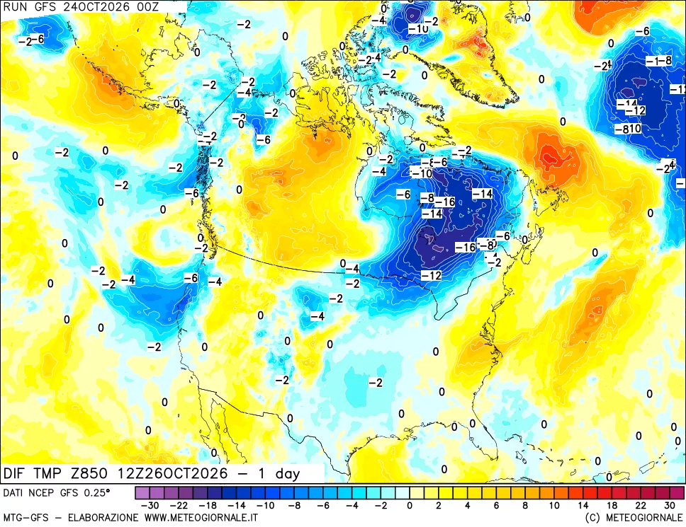 mappa Dif. Temp a 850 hPa Valid - 1 day