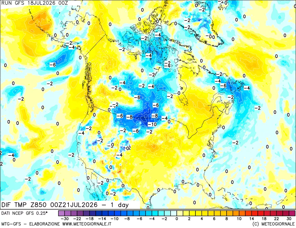 mappa Dif. Temp a 850 hPa Valid - 1 day