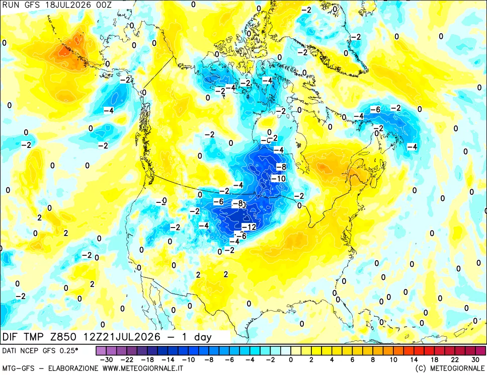 mappa Dif. Temp a 850 hPa Valid - 1 day