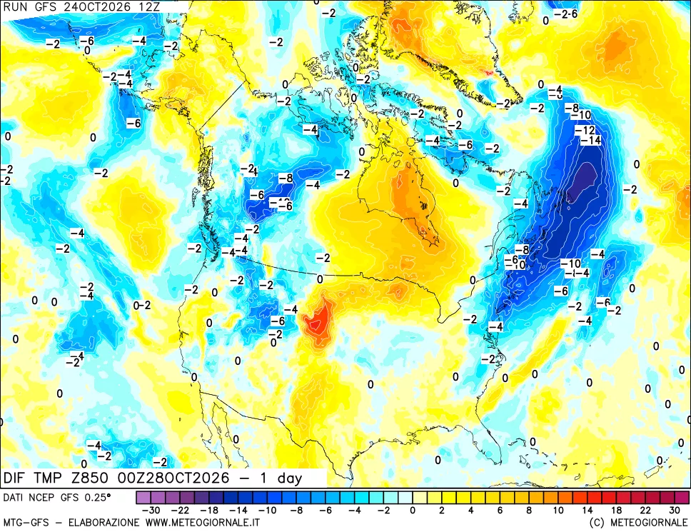 mappa Dif. Temp a 850 hPa Valid - 1 day