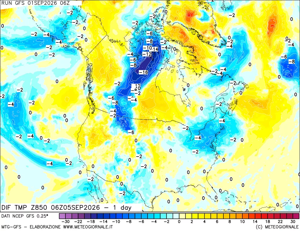 mappa Dif. Temp a 850 hPa Valid - 1 day