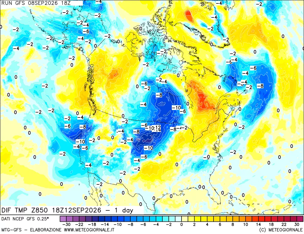 mappa Dif. Temp a 850 hPa Valid - 1 day