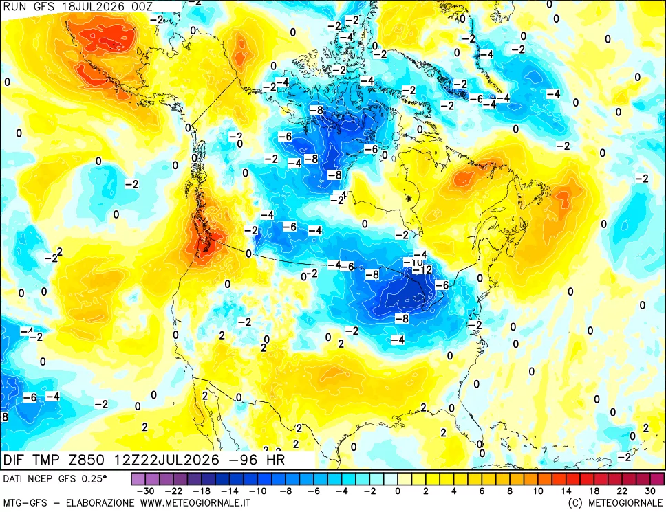 mappa Dif. Temp a 850 hPa Valid - Init