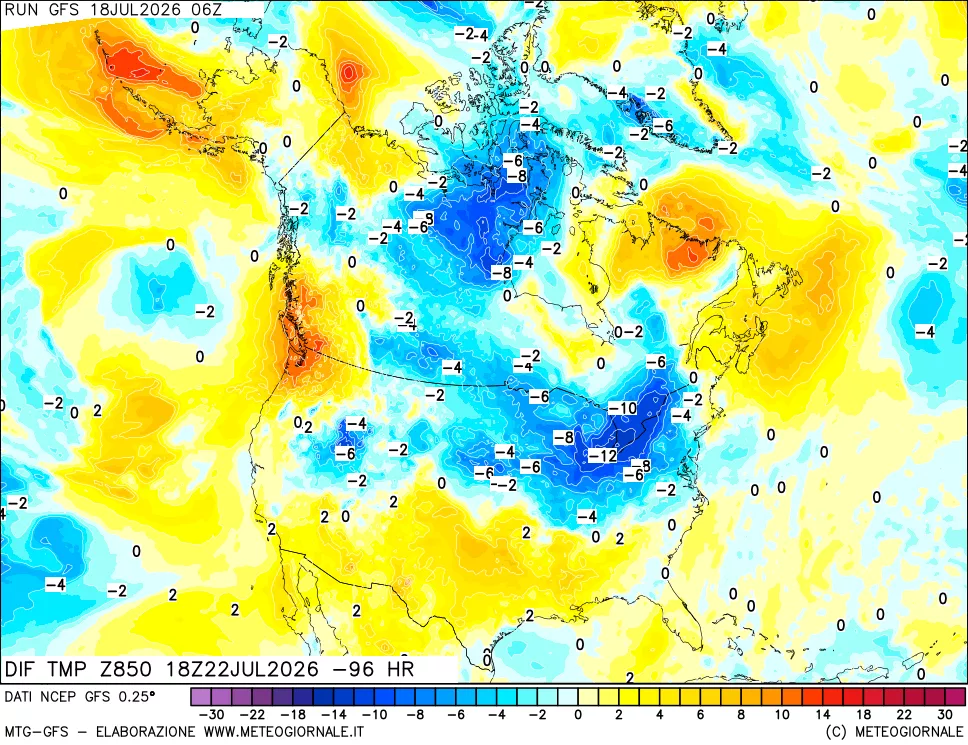 mappa Dif. Temp a 850 hPa Valid - Init