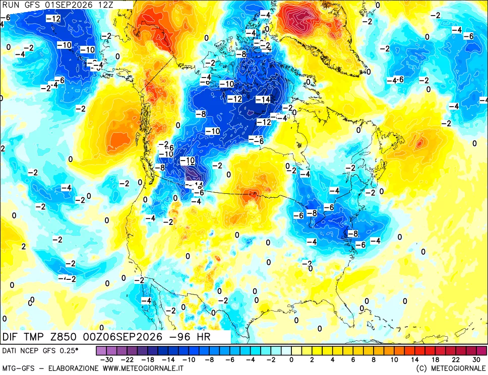 mappa Dif. Temp a 850 hPa Valid - Init