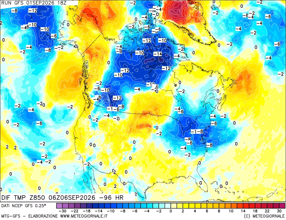 mappa Dif. Temp a 850 hPa Valid - Init