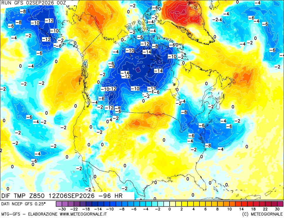 mappa Dif. Temp a 850 hPa Valid - Init