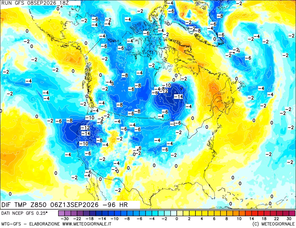 mappa Dif. Temp a 850 hPa Valid - Init