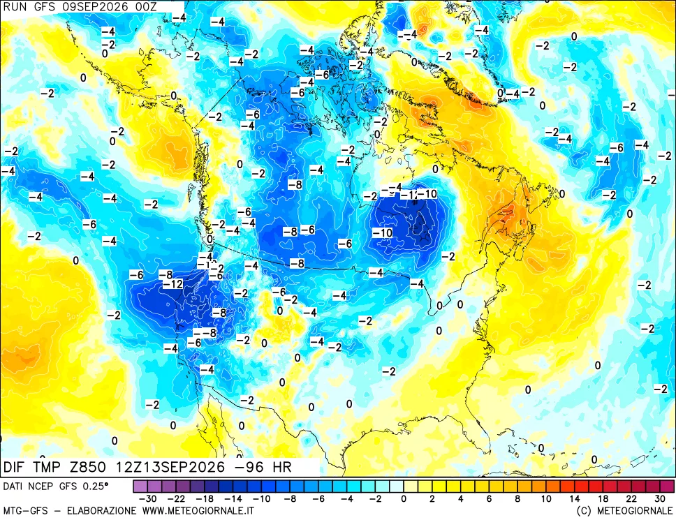 mappa Dif. Temp a 850 hPa Valid - Init