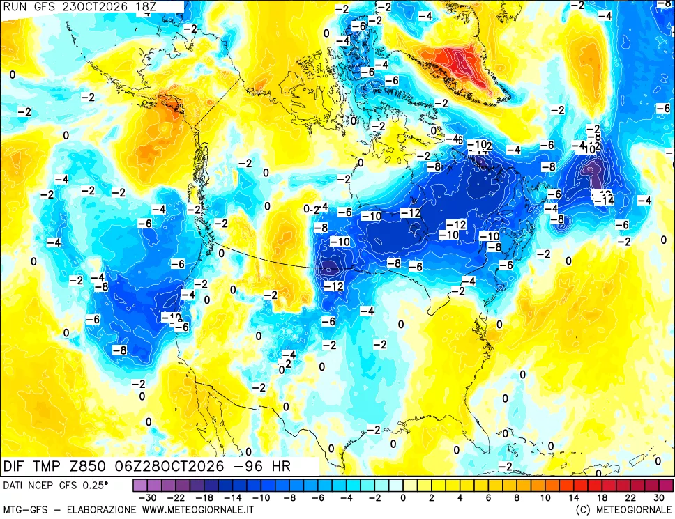 mappa Dif. Temp a 850 hPa Valid - Init
