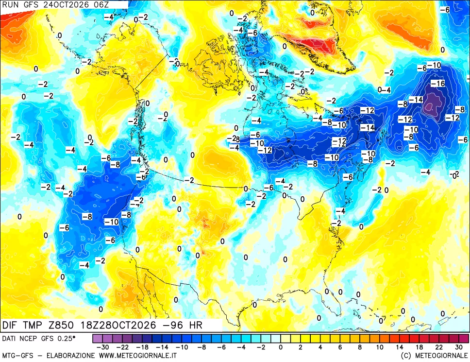mappa Dif. Temp a 850 hPa Valid - Init